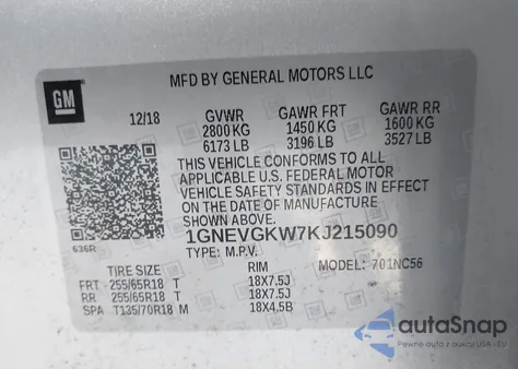 2019 Chevrolet Traverse 1Lt z USA, uszkodzony, nr VIN 1GNEVGKW7KJ215090